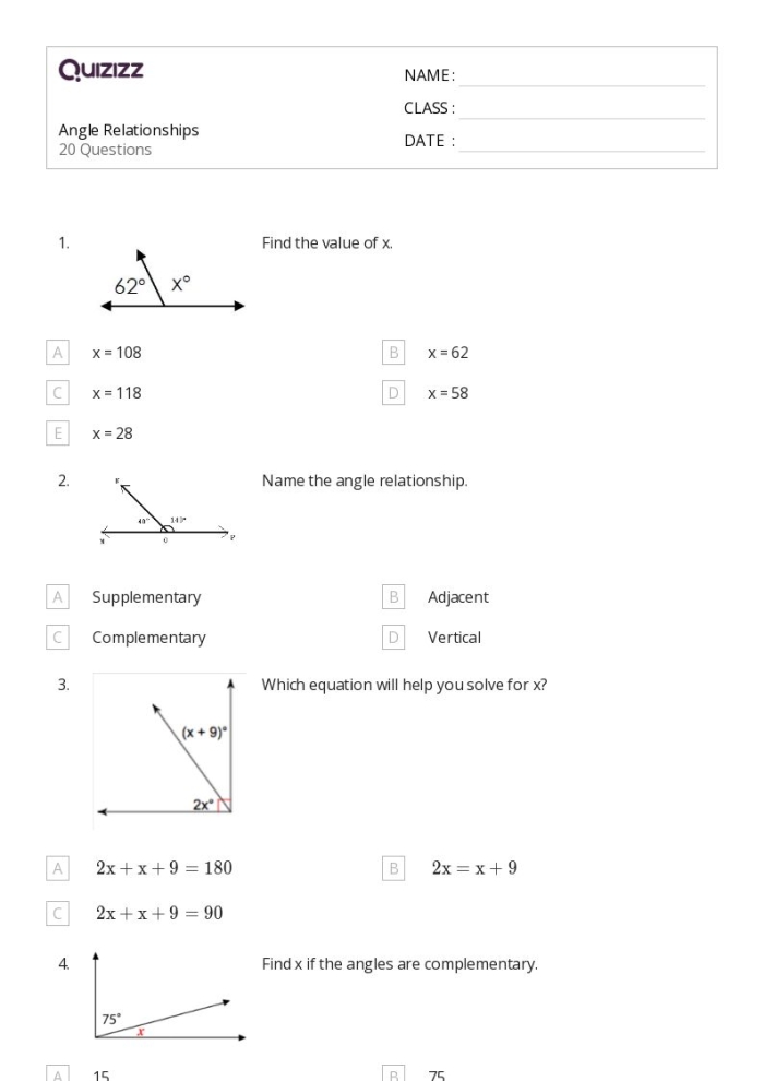 Worksheet for identifying complementary, supplementary, vertical, and adjacent angles for seventh graders