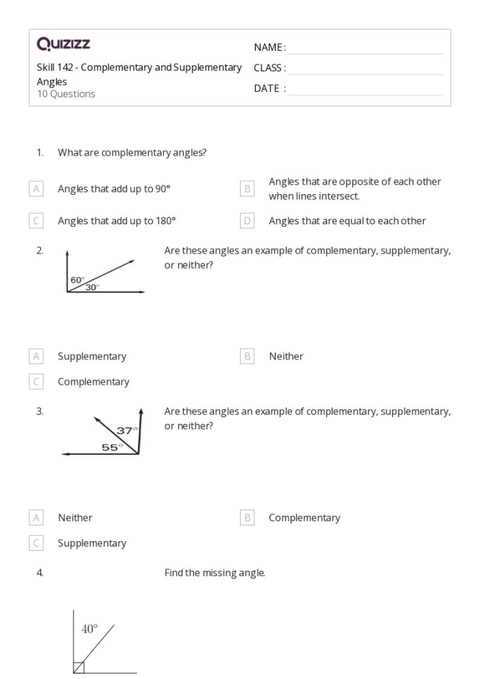 Seventh grade geometry worksheet covering the identification of complementary supplementary vertical and adjacent angles