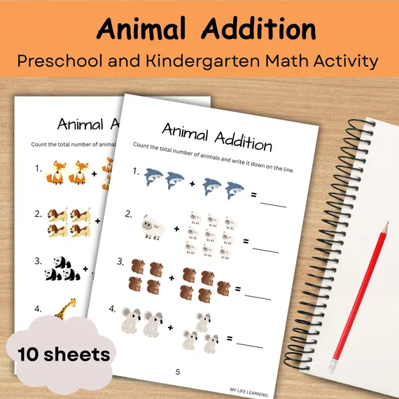 Colorful animal drawings for addition practice featuring zebras and tigers