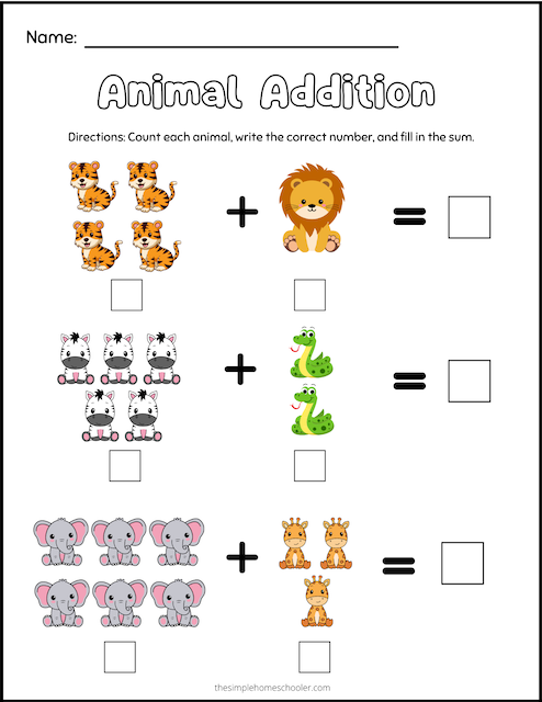 Zebras and tigers on a colorful worksheet for practicing addition skills