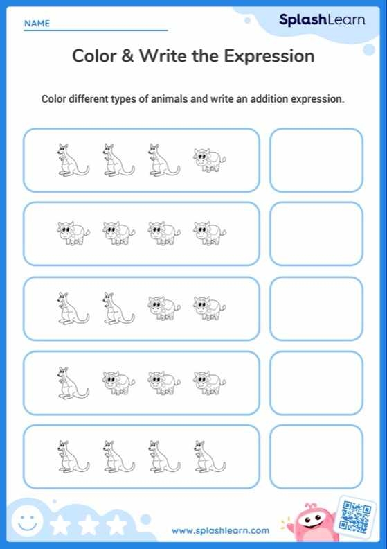 Pre-K math worksheet featuring cute zebras and tigers for animal picture addition practice