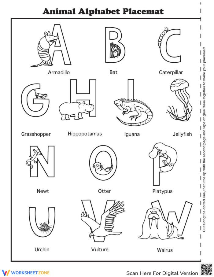 Animal Alphabet Placemat worksheet featuring animals for each letter of the alphabet