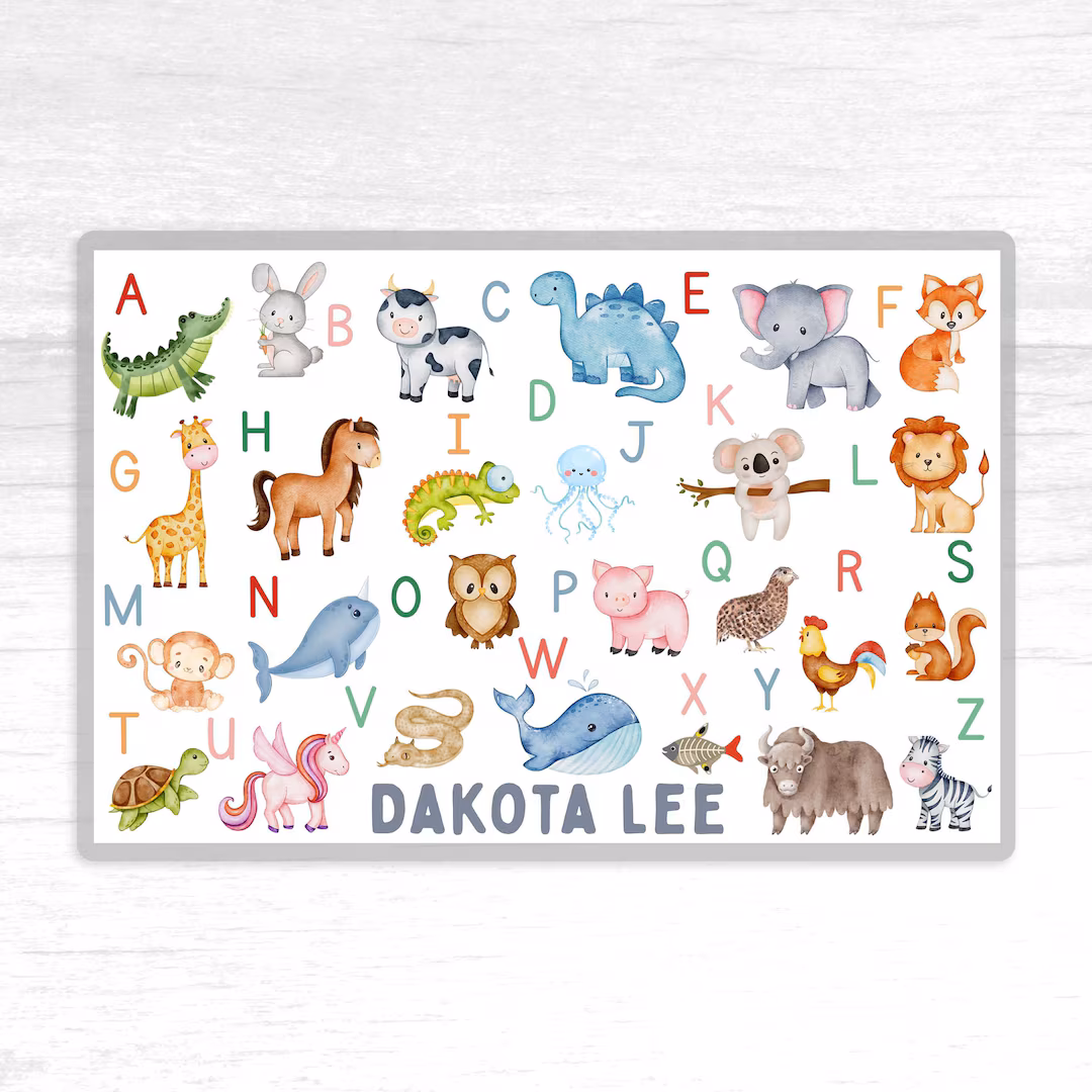 Animal Alphabet Placemat worksheet featuring letters and corresponding animals for preschool learning