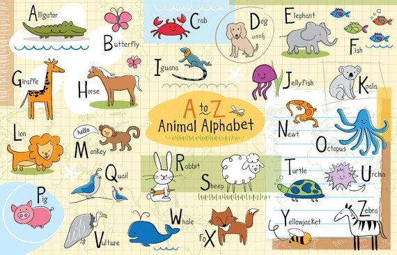 Animal Alphabet Placemat worksheet featuring letters A to Z with corresponding animals for each letter