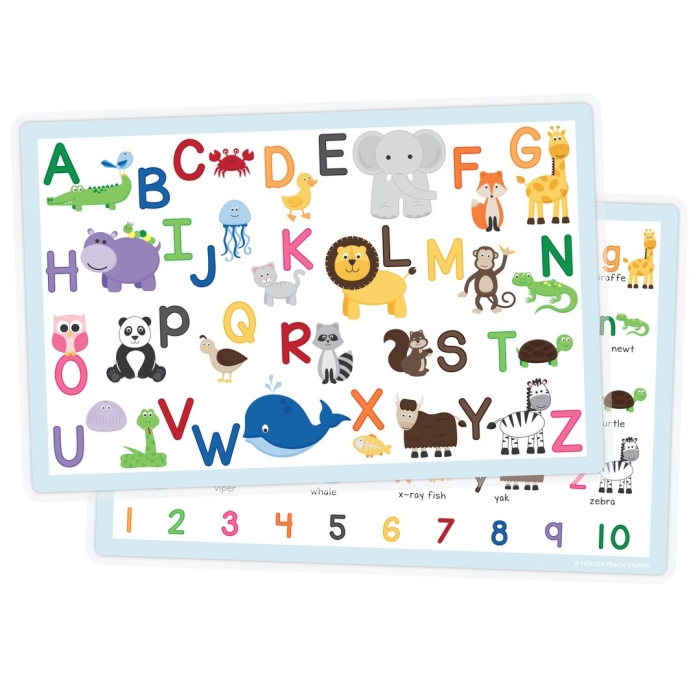 Animal Alphabet Placemat worksheet featuring letters and corresponding animals for preschool learning