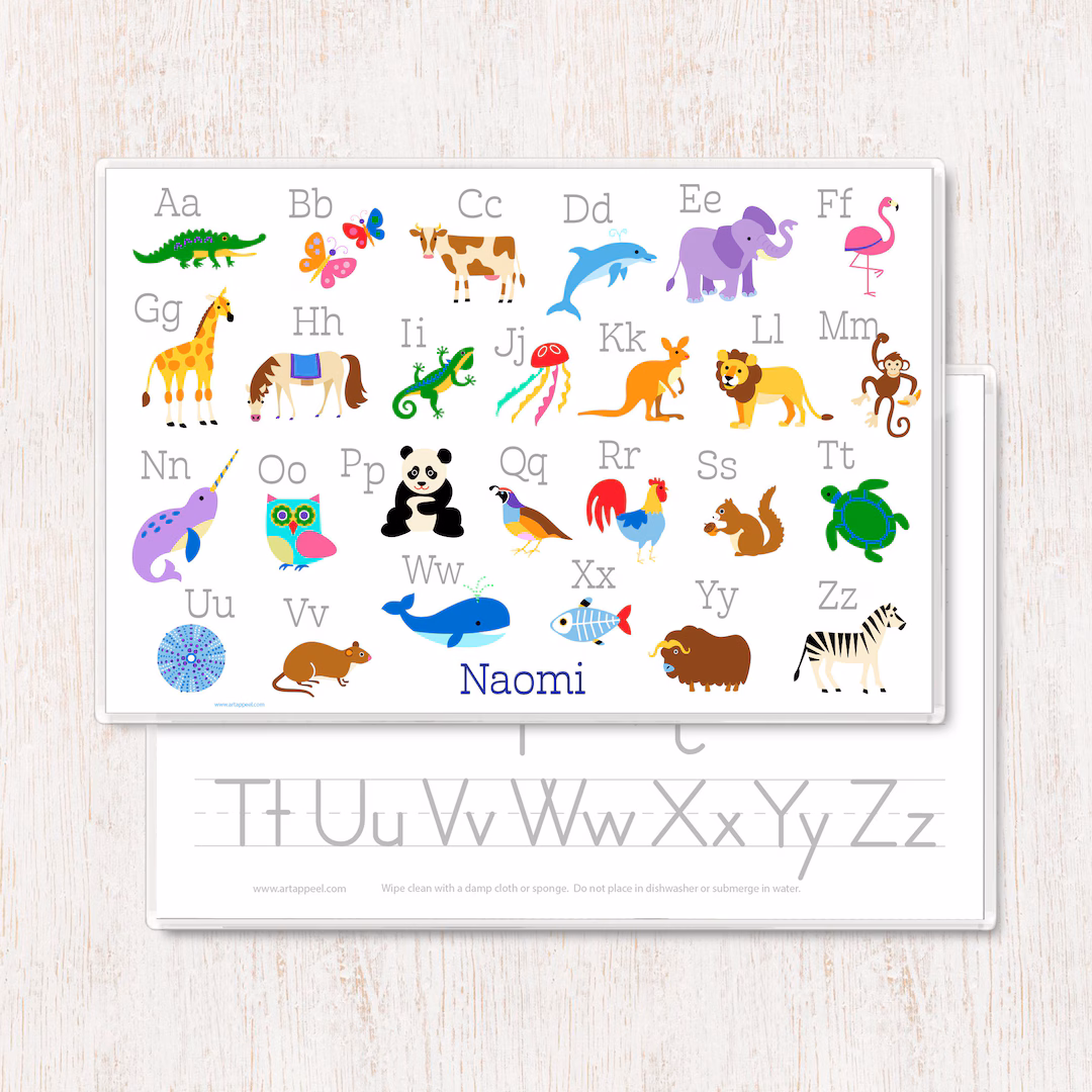 Animal Alphabet Placemat worksheet featuring illustrations of animals for each letter of the alphabet