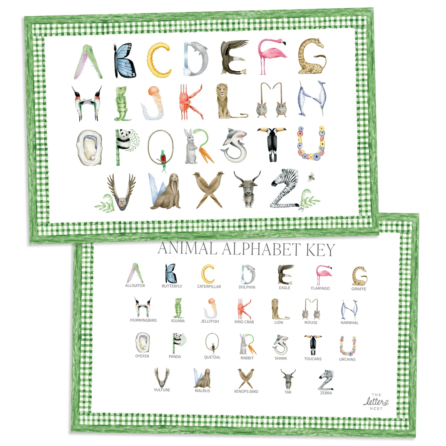 Animal Alphabet Placemat worksheet featuring colorful letters and corresponding animals for Pre-K students