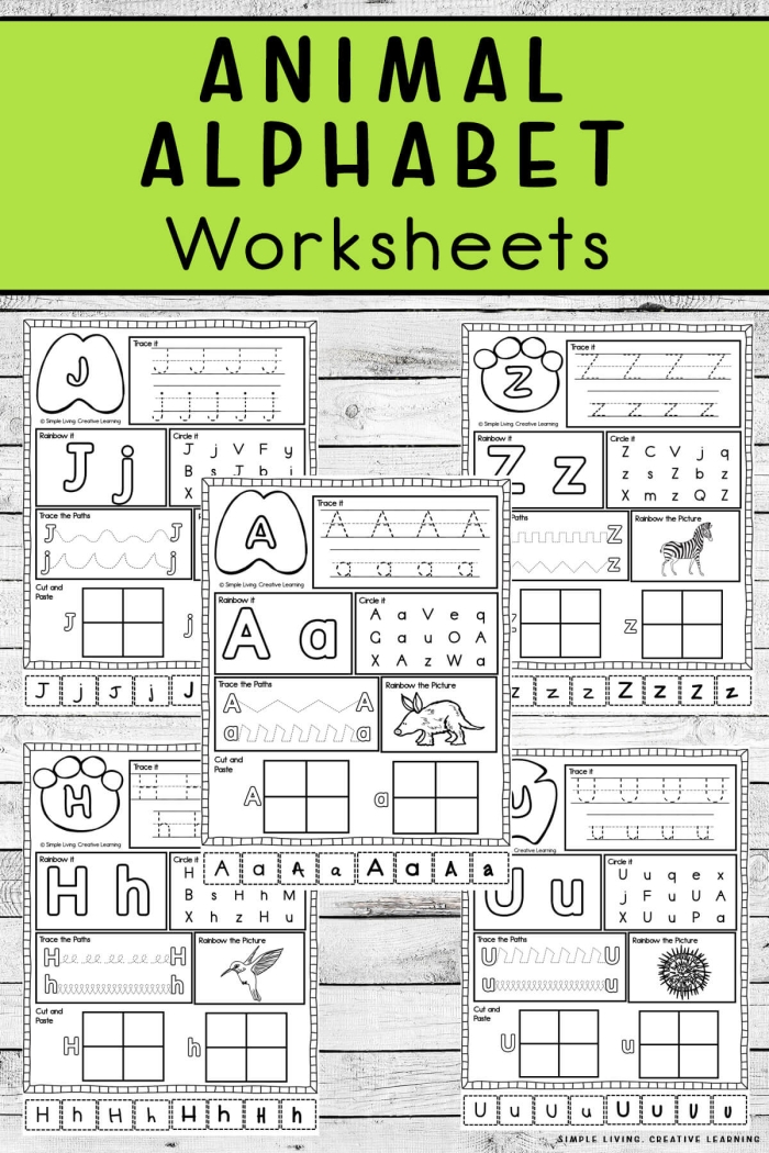 Animal Alphabet Placemat worksheet featuring animals corresponding to each letter of the alphabet