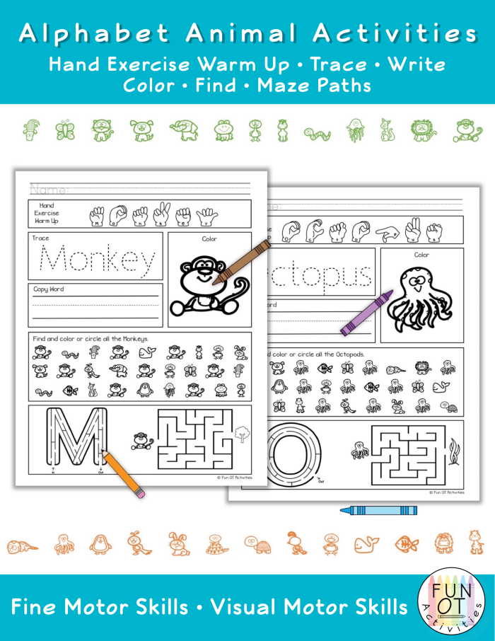 Animal Alphabet Placemat worksheet featuring colorful illustrations of animals for each letter