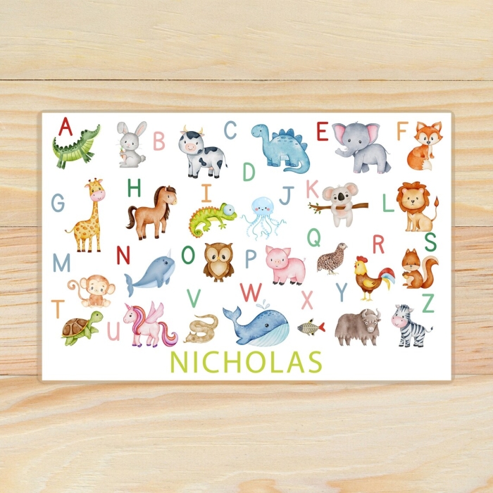 Animal Alphabet Placemat worksheet featuring letters and corresponding animal names for preschoolers