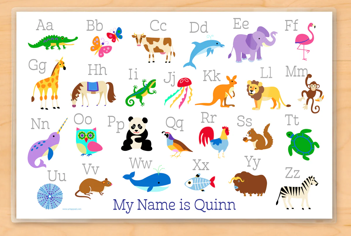 Colorful Animal Alphabet Placemat worksheet for Pre-K students featuring letters and corresponding animals
