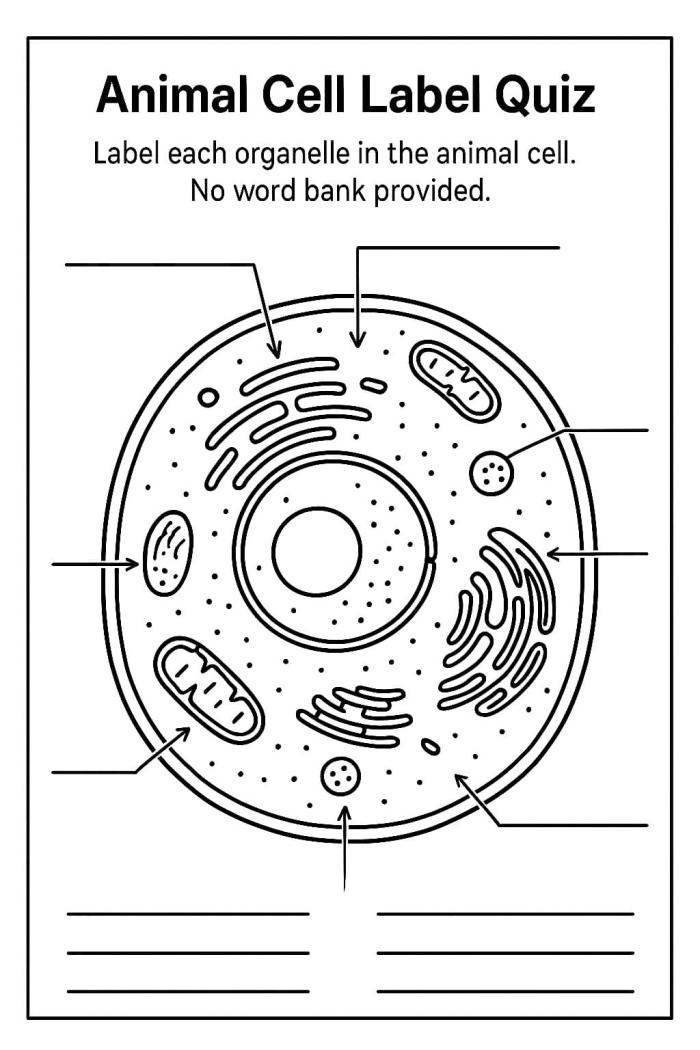 Diagram of an animal cell with numbered parts for students to identify and label on a sixth grade science worksheet