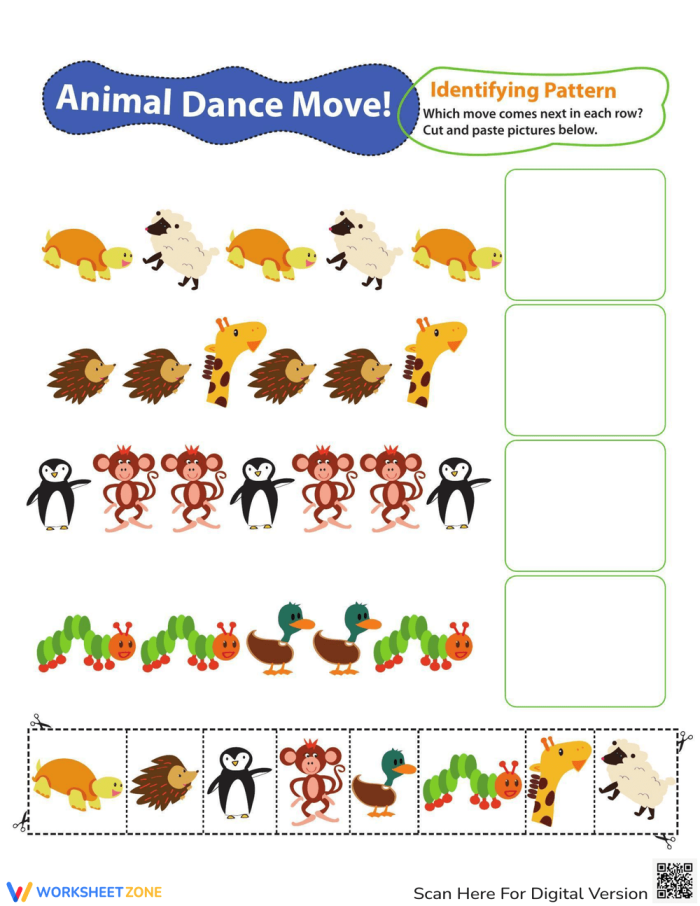 A series of animal illustrations showing repeating patterns with blank spaces for children to identify which animal comes next in the sequence