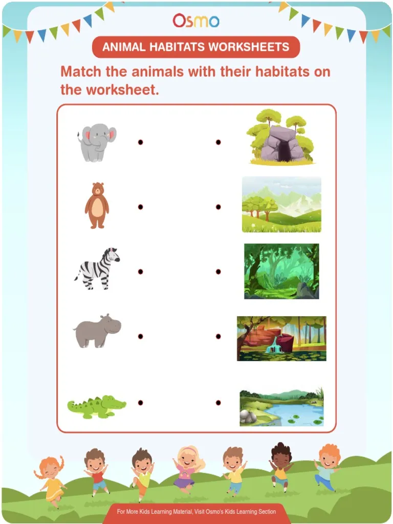 Animal Habitats Learning Activity for Early Learners Kindergarten students matching animals to their natural habitats on a colorful worksheet
