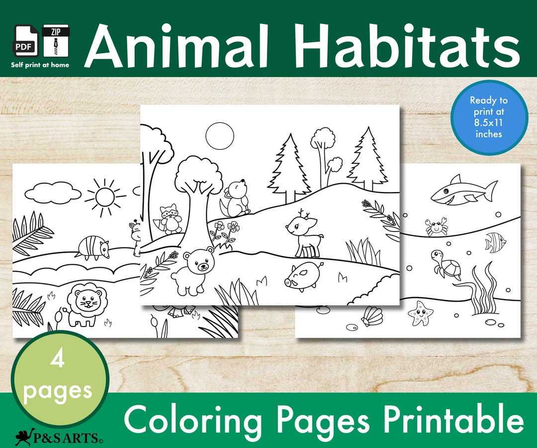 Time and Money worksheet for Kindergarten Animal Habitats Coloring worksheet for kindergarten students featuring six wild animals and their habitats. Educational activity for teaching young learners about different animal environments.