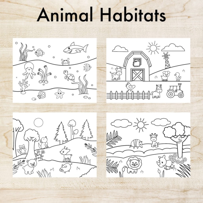 Animal Habitats Coloring Worksheet for Early Learners Coloring worksheet for kindergarten students featuring different animal habitats