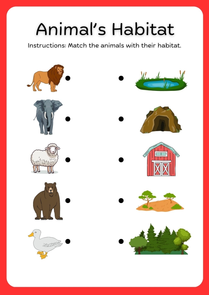 Animal Habitats Coloring Worksheet for Kindergarten - Image 7 Coloring worksheet for kindergarten students featuring various animal habitats for six wild animals