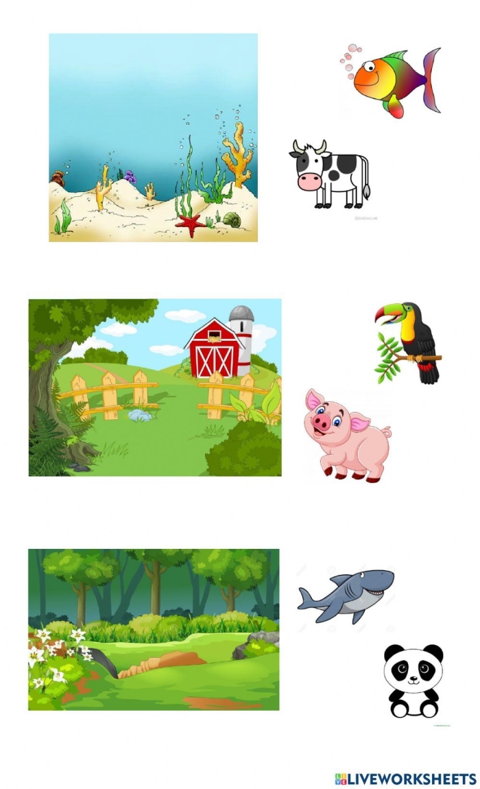 Animal Habitats Matching Worksheet for Kindergarten Math 6 Kindergarten worksheet showing animal habitats for kids matching activity