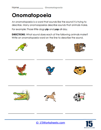 Alphabet worksheet for Third Grade Animal onomatopoeias worksheet for third graders featuring a puzzle to find sound-imitating words. Engaging activity for learning animal sounds and enhancing vocabulary skills.