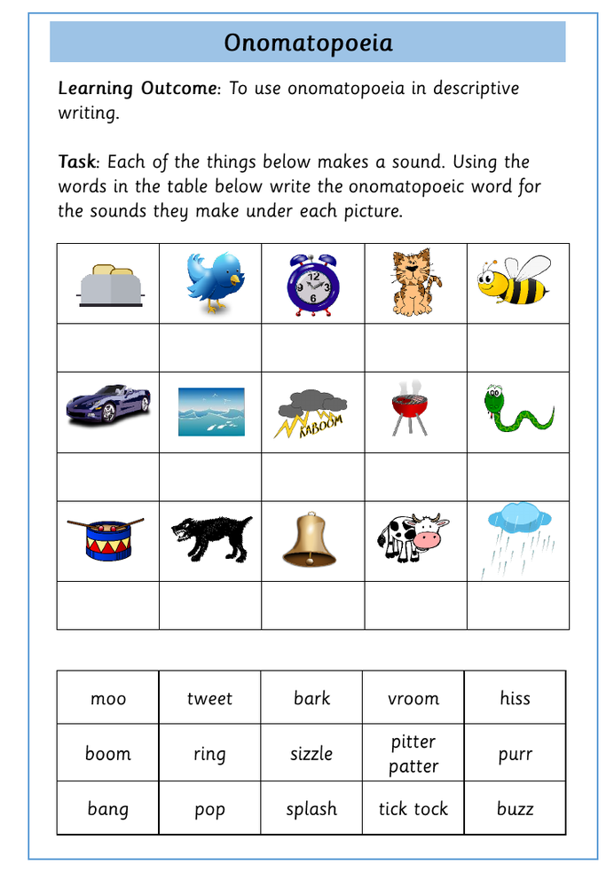 Explore the sounds animals make with this fun onomatopoeia search activity Animal onomatopoeias worksheet for third graders featuring a sound puzzle