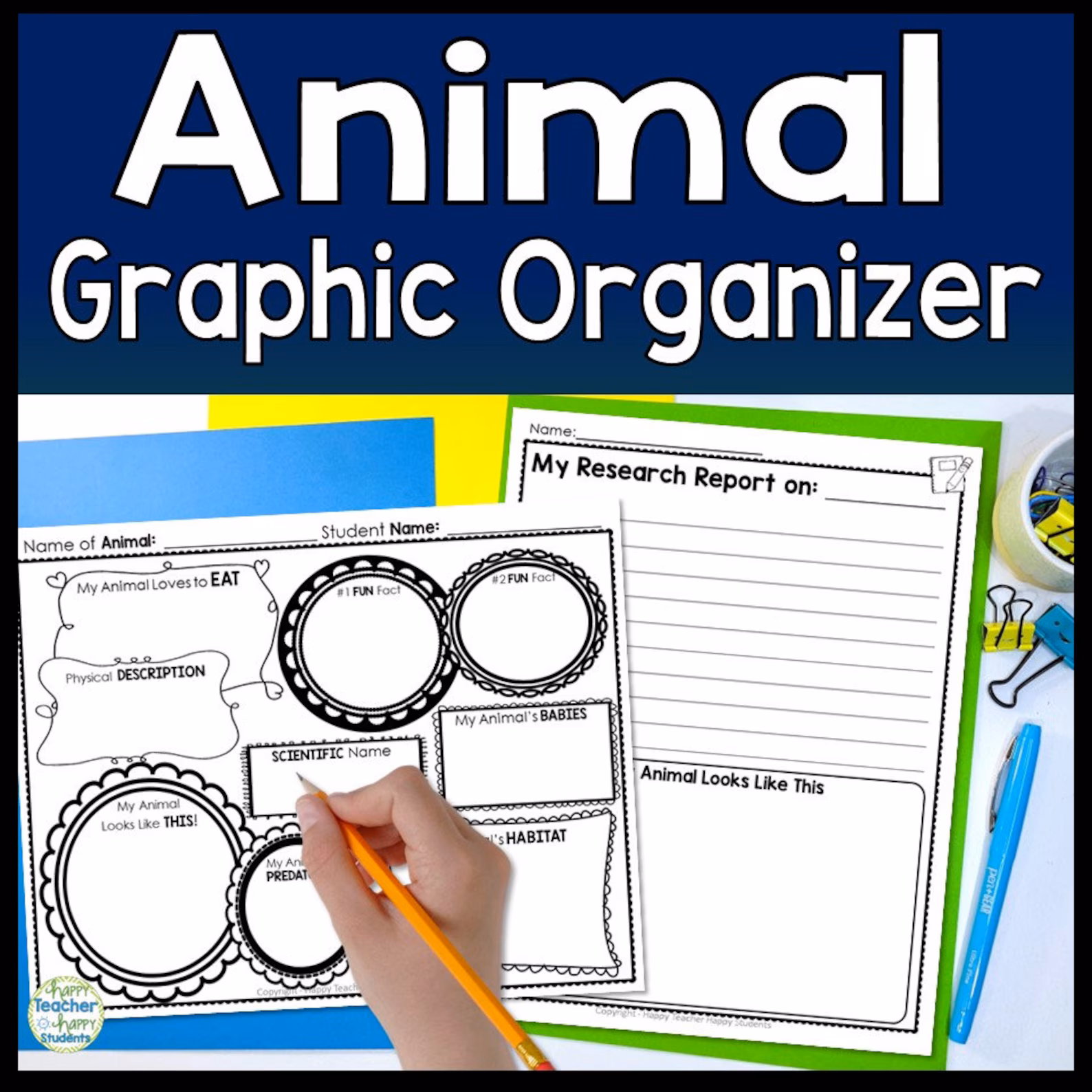 First grade student completing an animal research graphic organizer worksheet with sections for writing about their favorite animal