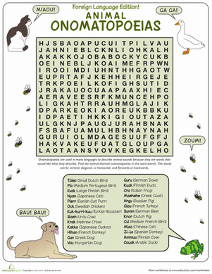 Onomatopoeia Word Search for Fifth Grade Students: Animal Sounds in Other Languages Worksheet featuring a word search puzzle of animal sounds in various languages