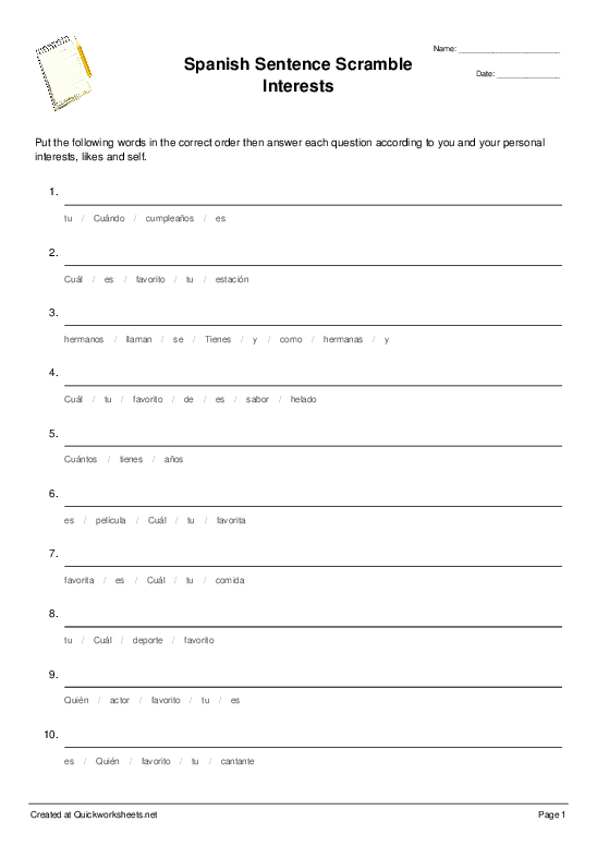 Fifth grade students practicing animal vocabulary in Spanish sentences worksheet