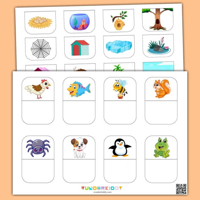 Educational resource for counting and recognizing animals and their habitats Colorful worksheet featuring various animals and their homes for Pre-K children