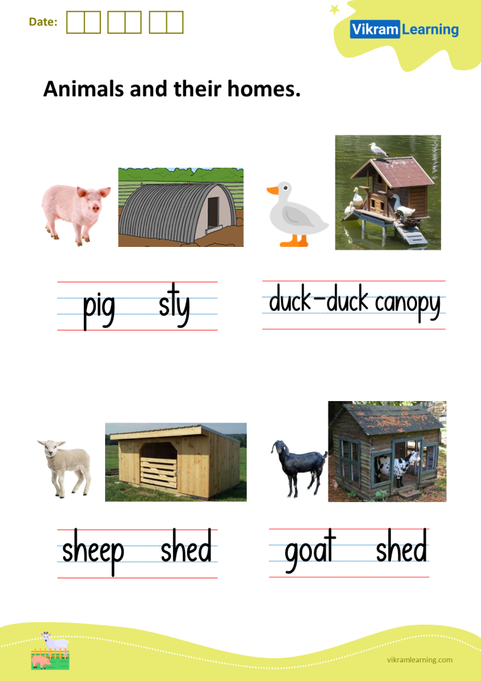 Animals and Their Homes Worksheet for Counting and Recognition Activities Colorful worksheet featuring various animals and their homes designed for Pre-K children