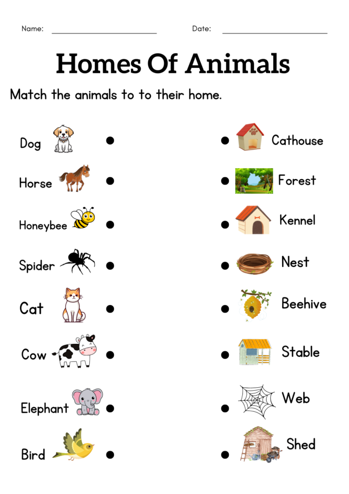Animals and their Homes worksheet for Numbers and Counting in Pre-K Illustration of various animals with their corresponding homes for a Pre-K worksheet
