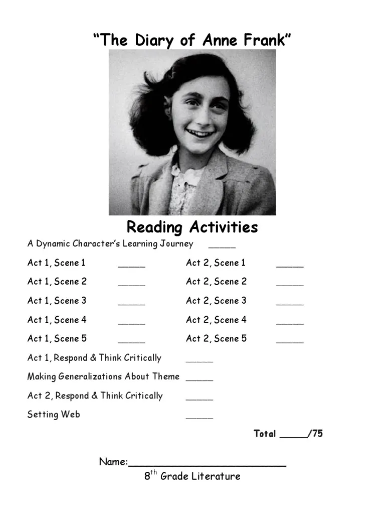 Fifth grade phonics worksheet featuring educational content about Anne Frank and her historical biography during World War II