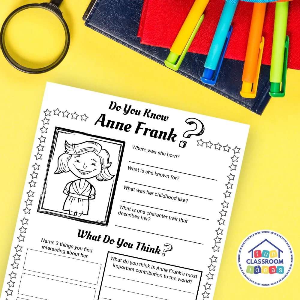 Fifth grade phonics worksheet featuring a historical biography of Anne Frank