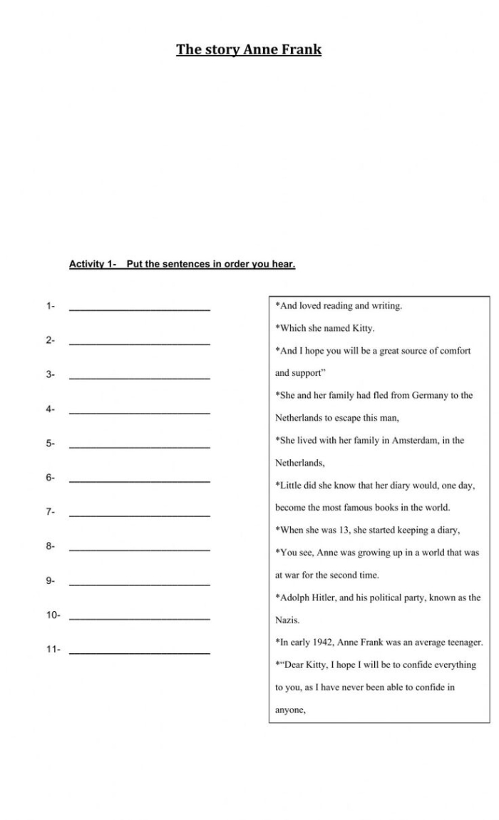 Fifth grade phonics worksheet featuring an educational biography of Anne Frank number 24