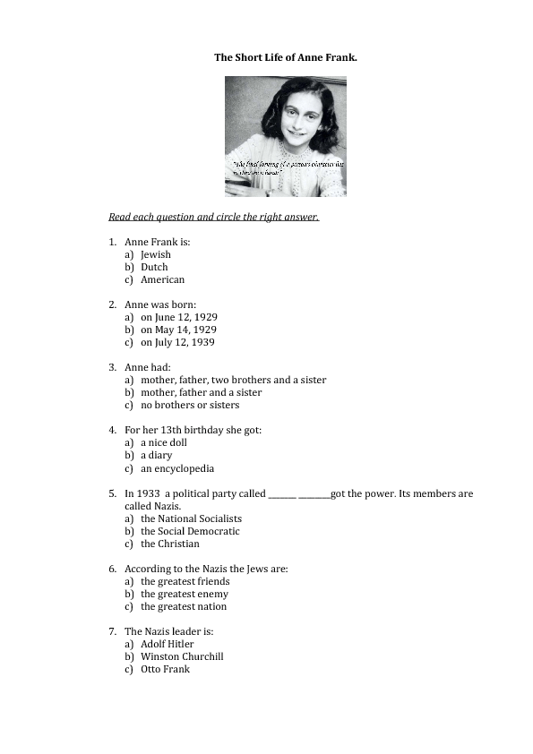 Fifth grade phonics worksheet featuring an educational biography about the life of Anne Frank
