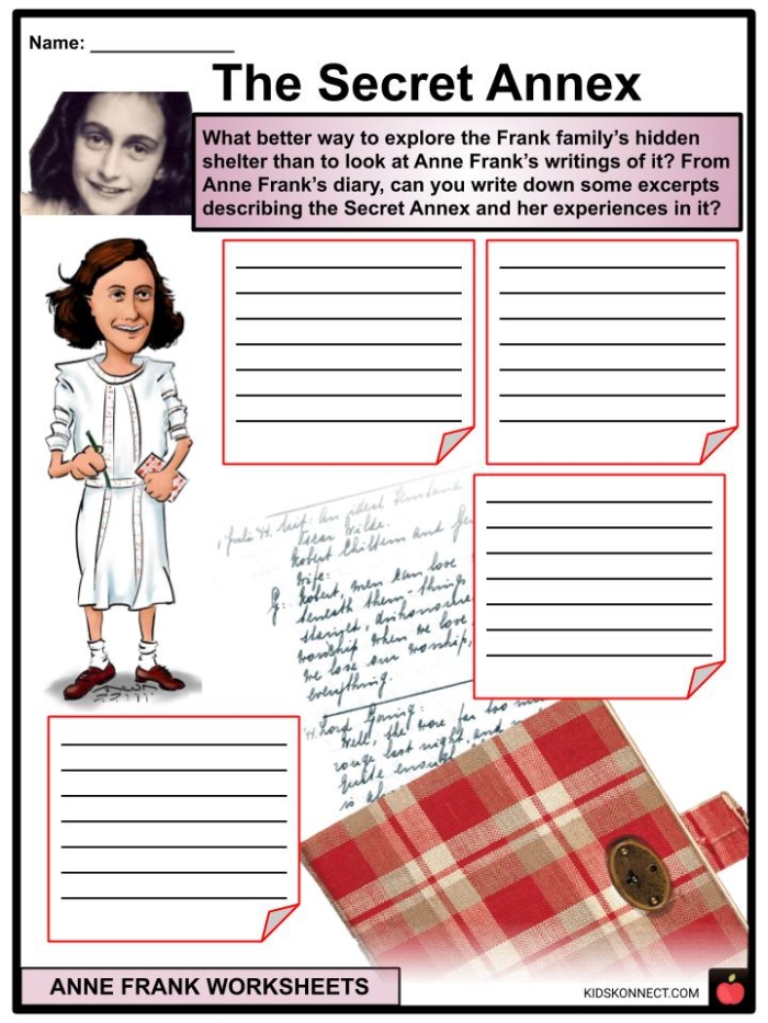 Fifth grade phonics worksheet featuring a short biography about the life of Anne Frank