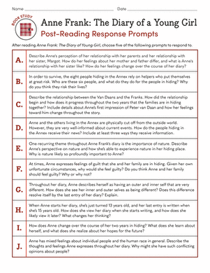 Book Study Anne Frank Diary of a Young Girl Background Knowledge Worksheet 22 Seventh grade worksheet for building historical context before reading The Diary of a Young Girl