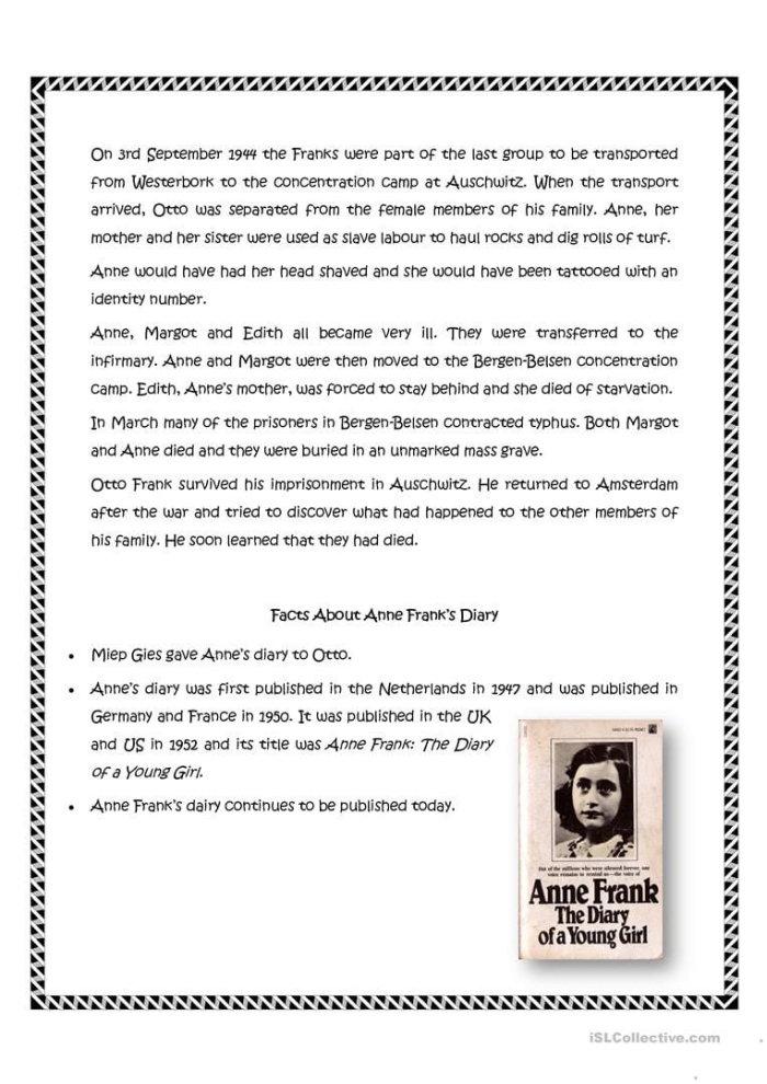Fifth grade phonics worksheet featuring a biographical reading passage about the life and history of Anne Frank