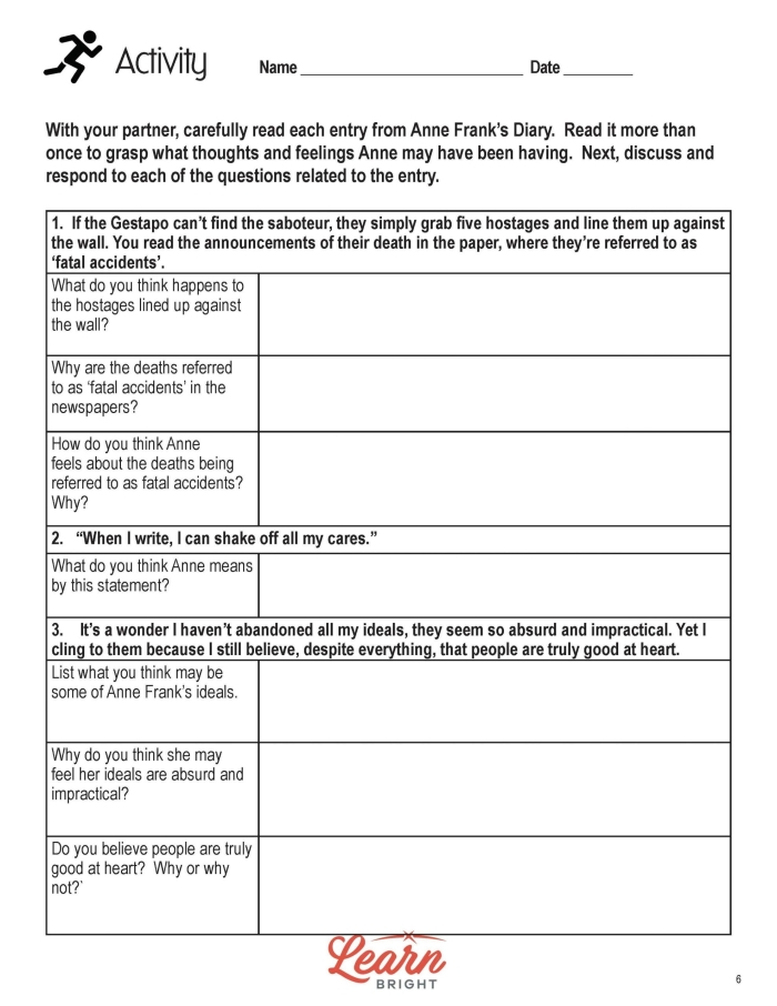 Fifth grade phonics worksheet about Anne Frank's life story during World War II