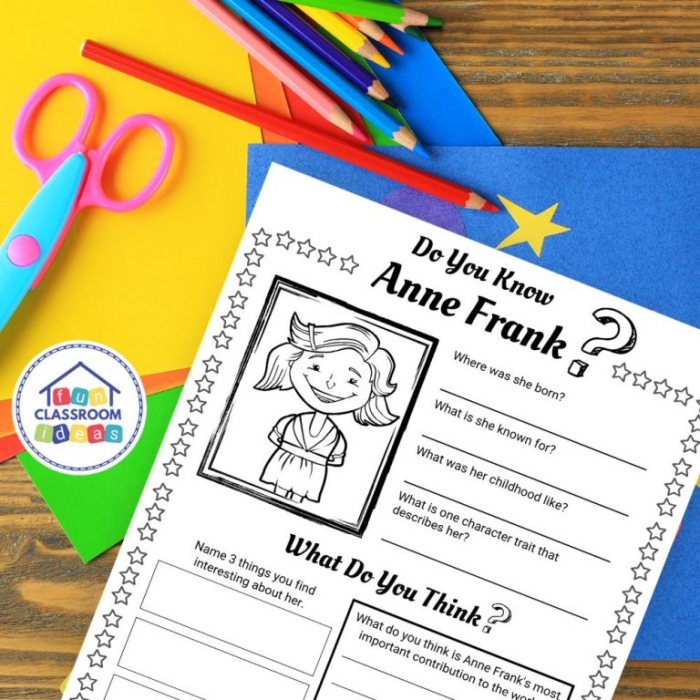 Fifth grade phonics worksheet featuring an educational reading passage about the life and history of Anne Frank