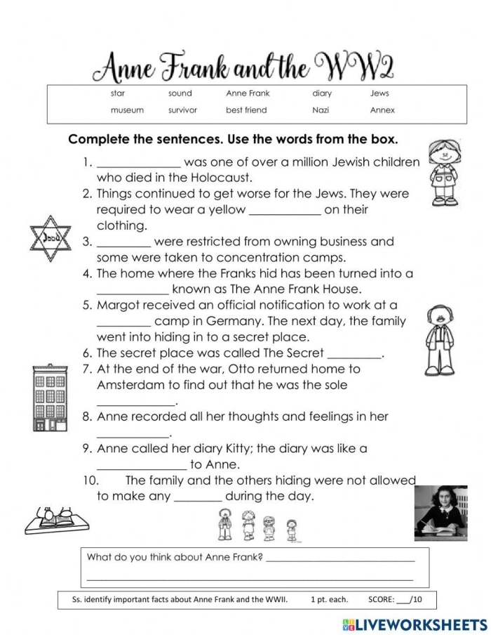 Fifth grade phonics worksheet featuring Anne Frank's biography and life story for students learning about historical figures