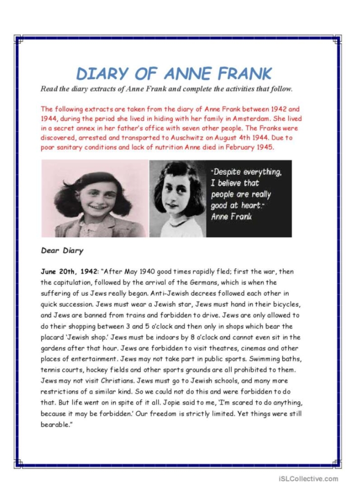Fifth grade phonics worksheet about Anne Frank's life story during World War II with reading comprehension activities