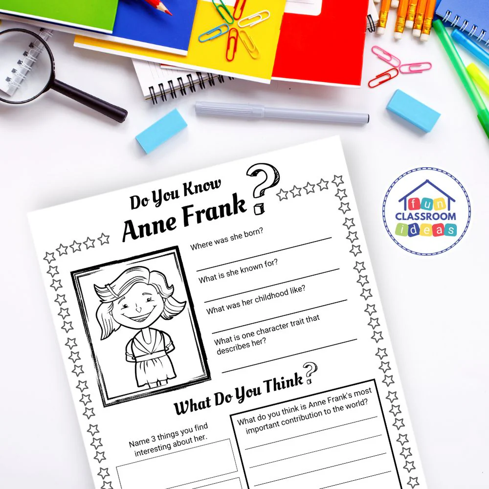 Fifth grade phonics worksheet about Anne Frank's life story and experiences during World War II