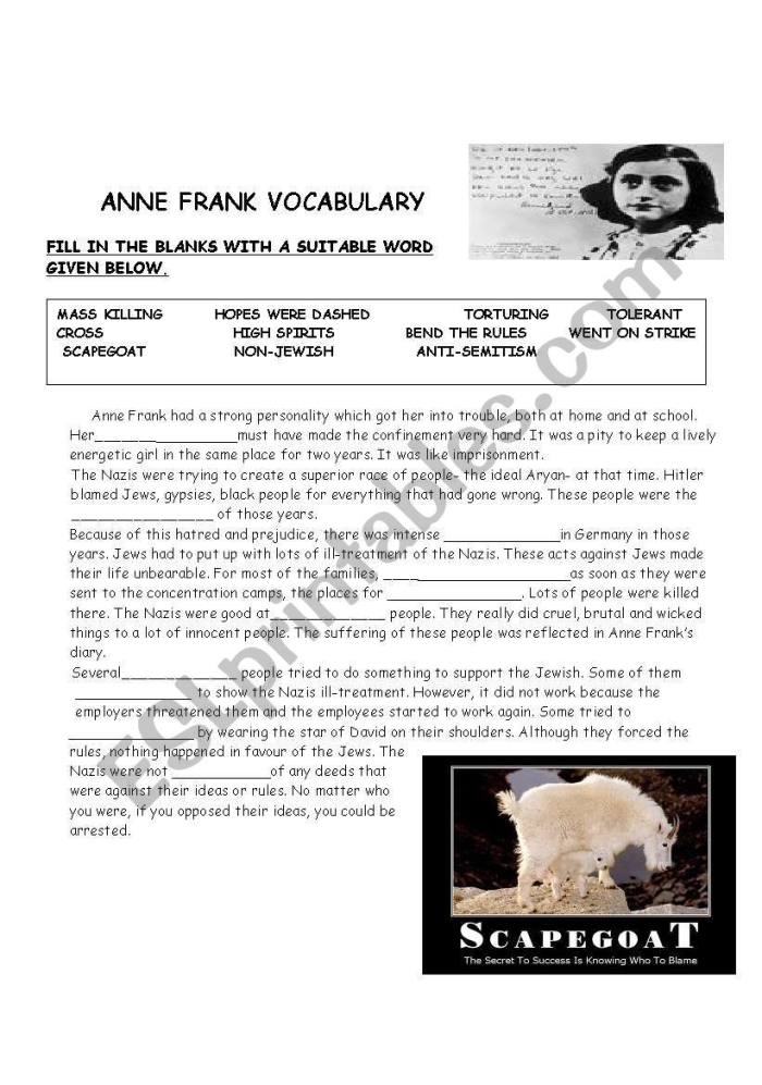 Fifth grade phonics worksheet featuring an educational reading passage about the life and legacy of Anne Frank