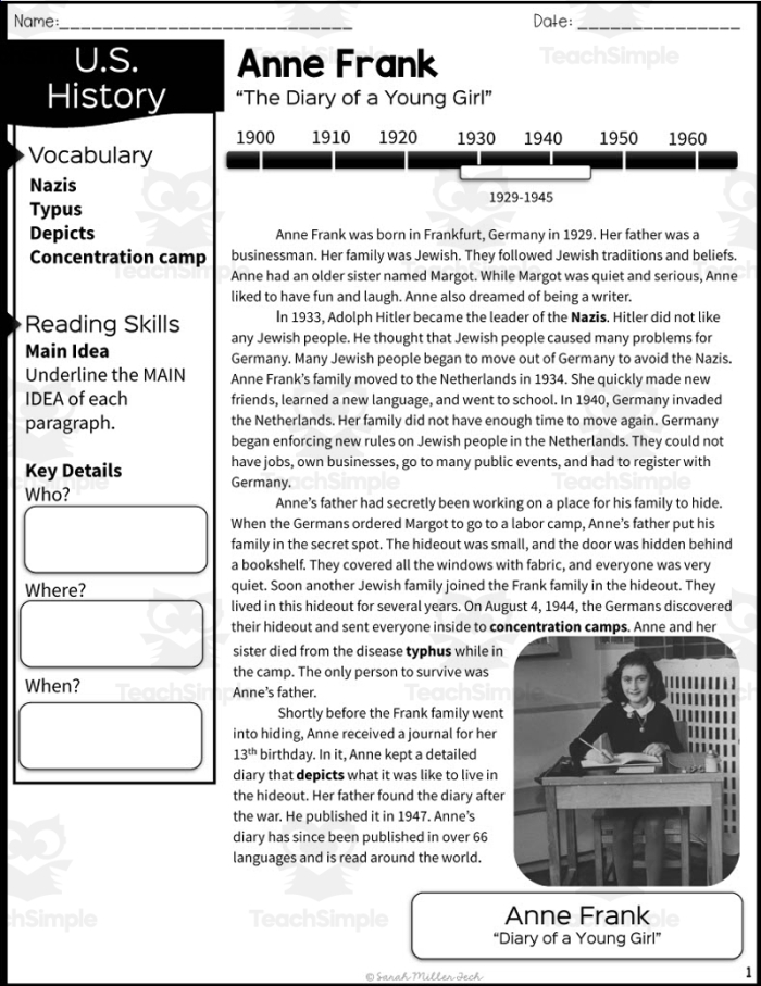 ALT text for an educational worksheet on Anne Frank's timeline of significant events during Hitler's era