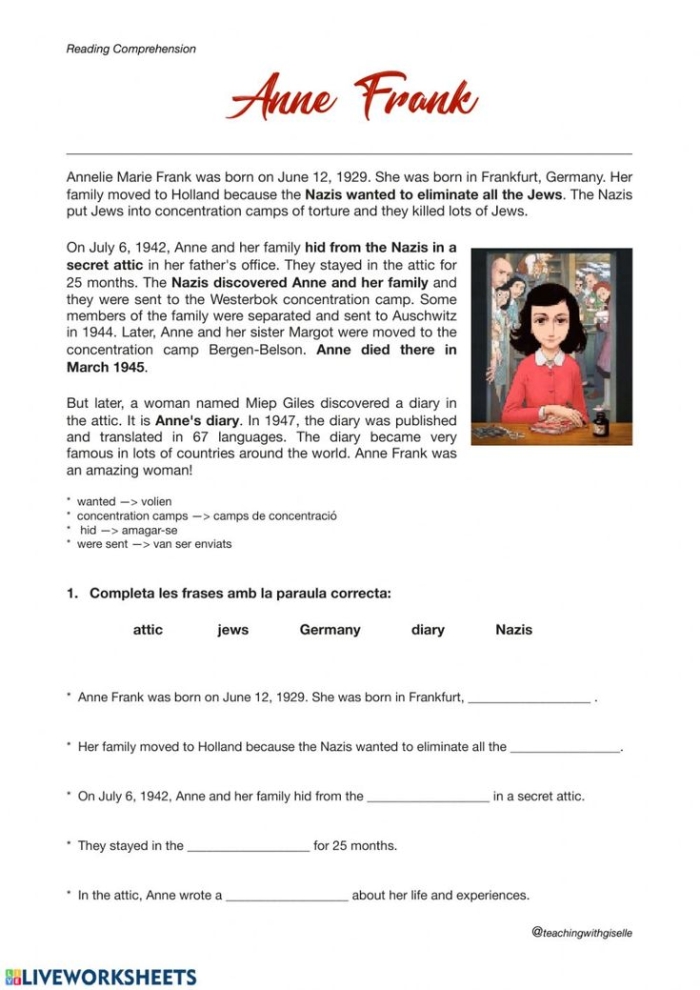 ALT text for Anne Frank Timeline worksheet showcasing key events in her life during Hitler's era
