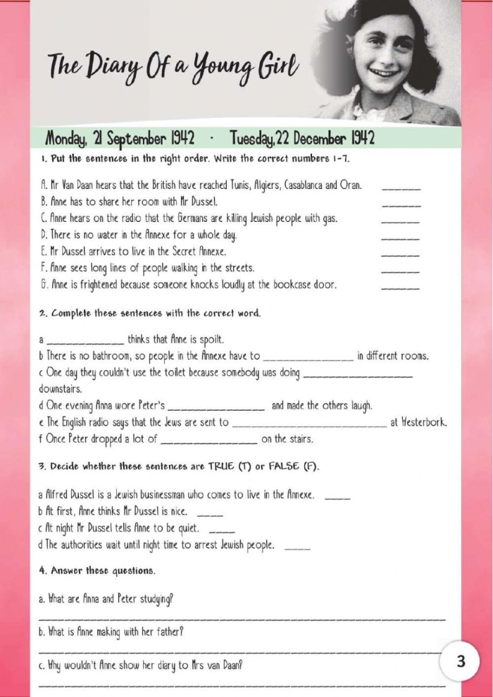 Anne Frank Timeline worksheet illustrating key moments in her life during WWII