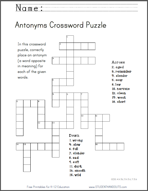 Antonym Crossword Puzzle worksheet for second graders featuring clues and opposite answers