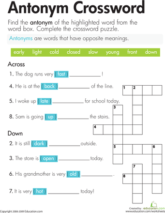 Antonym Crossword Puzzle worksheet for second graders featuring opposite word clues