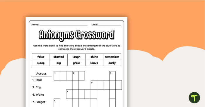 Second grade student solving an antonym crossword puzzle worksheet