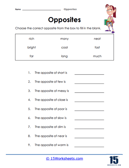 Antonyms Opposites Attract Algebra Worksheet Number 24 Second grade math worksheet featuring an Antonyms: Opposites Attract activity with multiple choice questions.